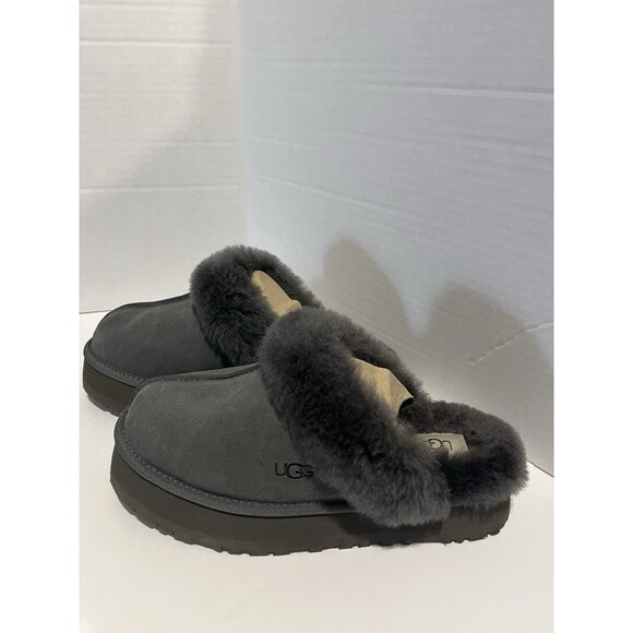 UGG Disquette Platform Wedge Charcoal Grey Suede Slippers Slides Size 9 - Picture 1 of 12